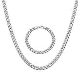 Silver Flat Cuban Link Chain & Bracelet Set (8mm x 50cm) – Tarnish-Resistant Modern Statement Jewelry