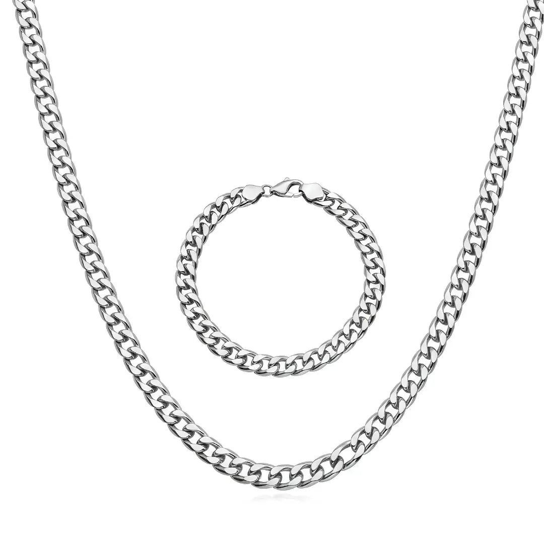 Silver Flat Cuban Link Chain & Bracelet Set (8mm x 50cm) – Tarnish-Resistant Modern Statement Jewelry