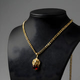 18K Gold Plated Sculpted Lion Head Ruby Red CZ Pendant Necklace – Cuban Curb Link Chain Necklace for Men & Women