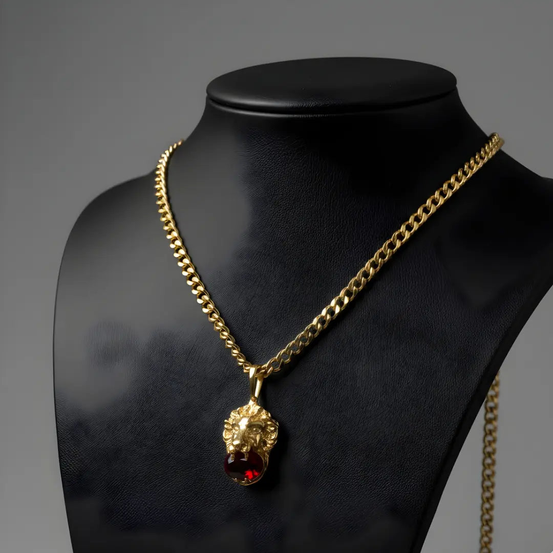 18K Gold Filled Lion Pendant Necklace with Ruby