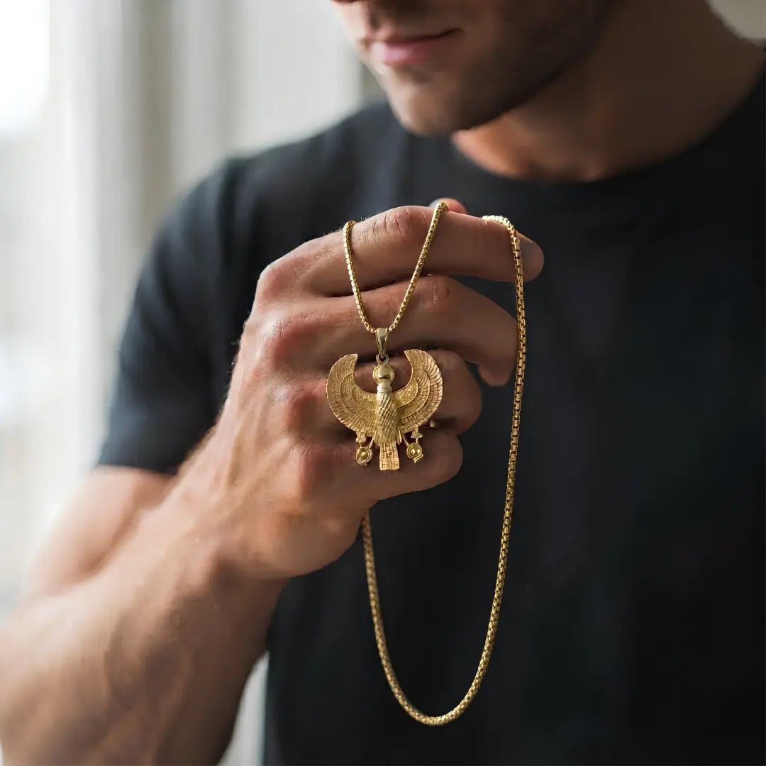 18K Gold Filled Winged Scarab Pendant Necklace – 60cm Box Chain Egyptian Statement Jewelry