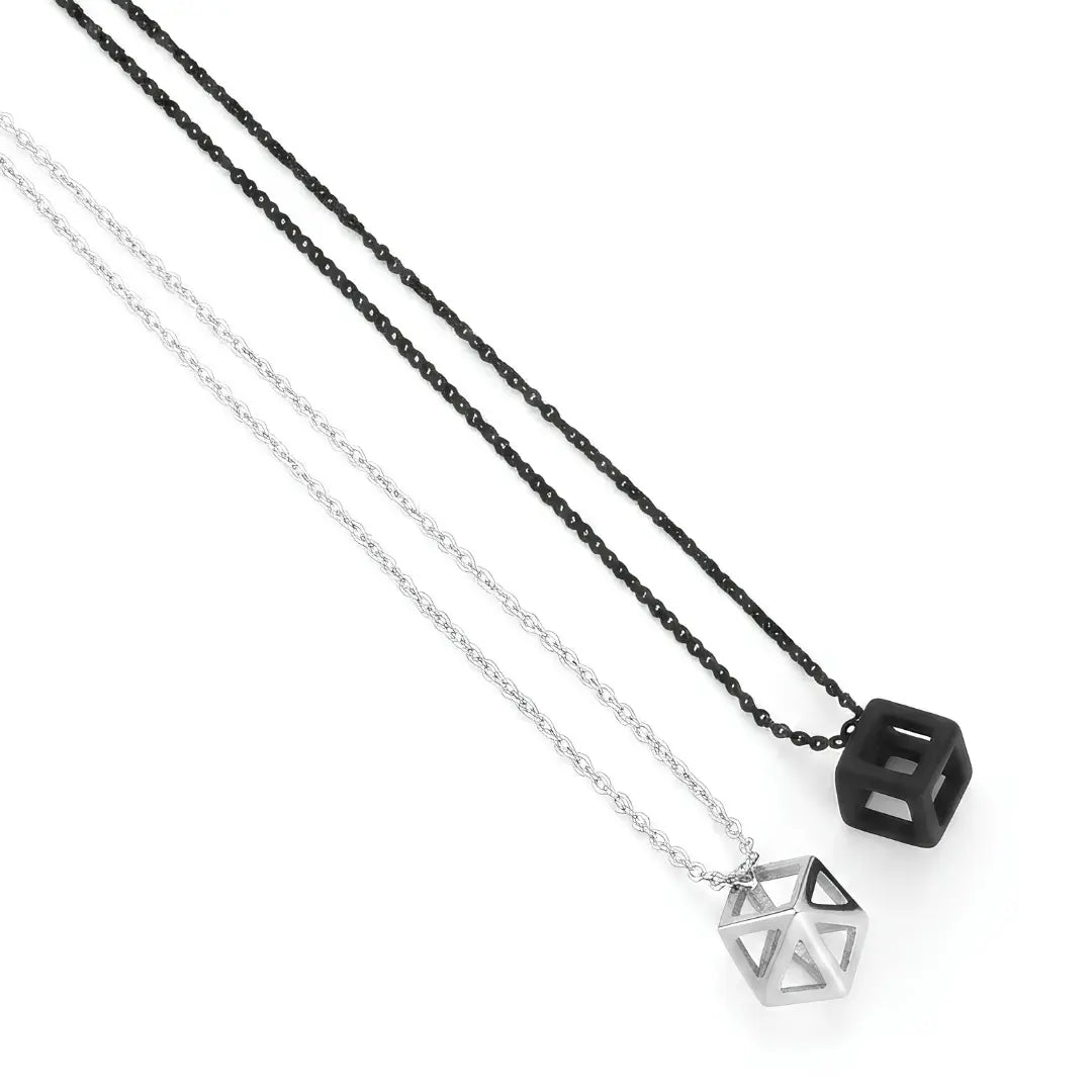 Geometric Cube Pendant Necklace – 60cm 3mm Curb Chain in Silver & Black