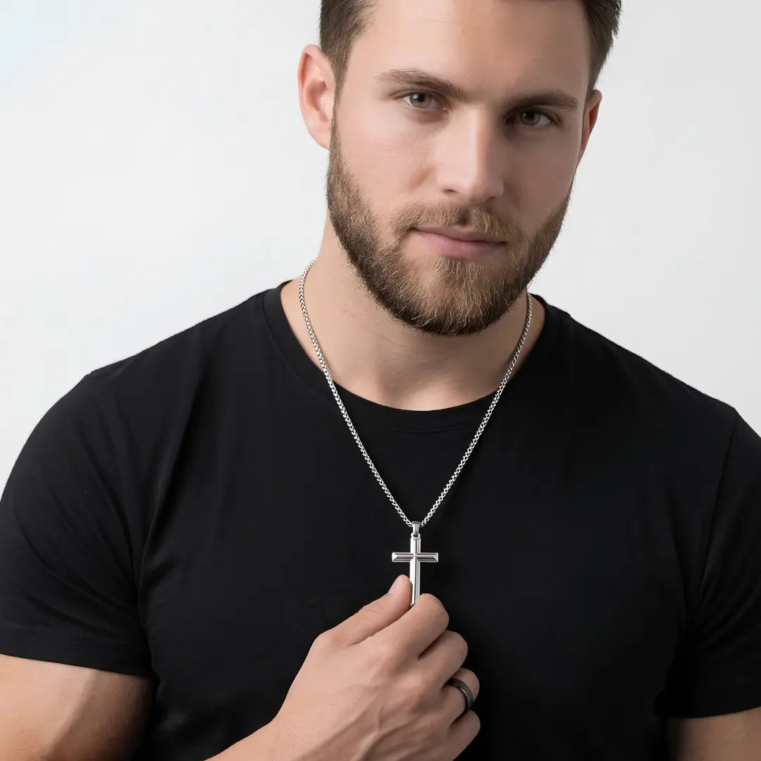 Stainless Steel Cross Pendant Necklace with Curb Chain – Tarnish-Proof Unisex Religious Jewelry in Silver & Black