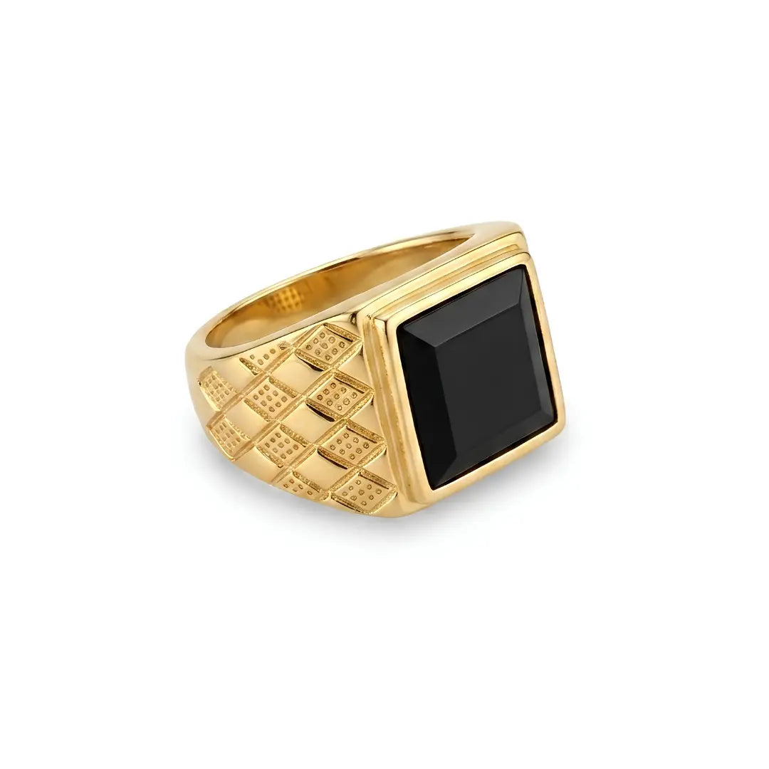 Black Onyx Signet Ring – Textured Square Face | Tarnish Proof (US Sizes 8, 9 & 10)