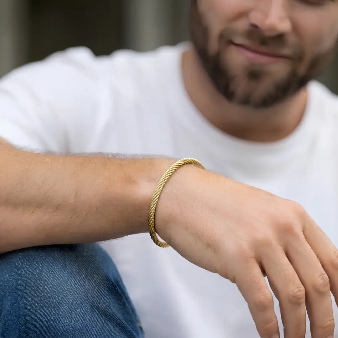 Cable Wire Cuff Bangle Bracelet with T-Bar & Conical Ends – Adjustable Tarnish-Resistant Modern Jewelry in Silver & Gold
