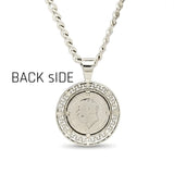 Handcrafted 1913 Saint George Full Sovereign Pendant Necklace with Diamond Bail & Greek Key Frame in Rhodium Silver