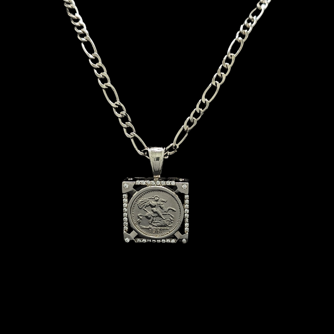 Silver Rhodium Plated Square Sovereign Pendant Necklace