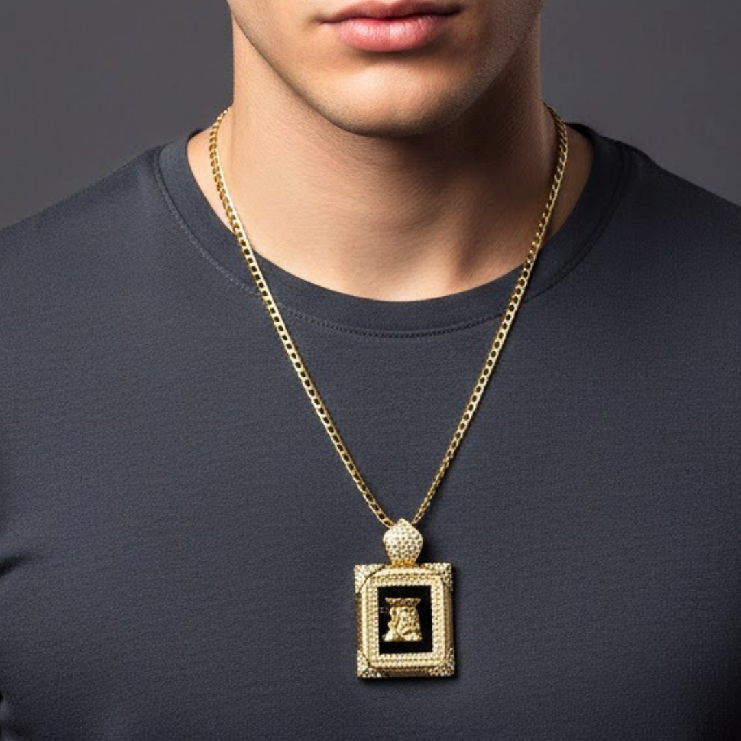 14K Gold Filled Frame Pendant Necklace – Rectangular Black Stone & Gold Medallion Charm