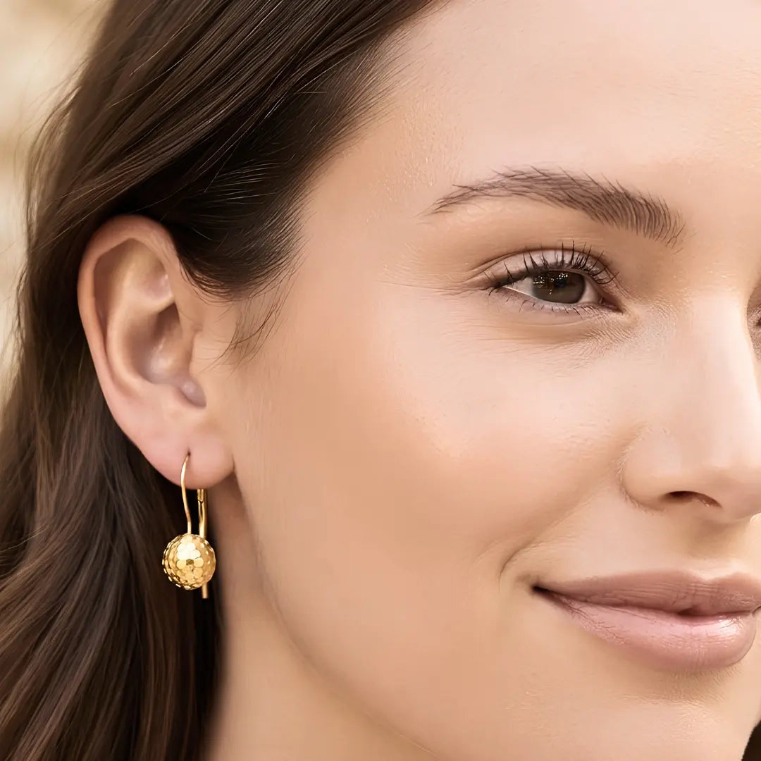 14K Yellow Gold Filled Textured Ball Drop Leverback Earrings – 20mm Hammered Coin-Texture Drop
