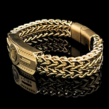 18K Gold Filled Crown Insignia ID Bar Franco Chain Bracelet – Embossed Crown & Logo Woven Mesh Bracelet for Men