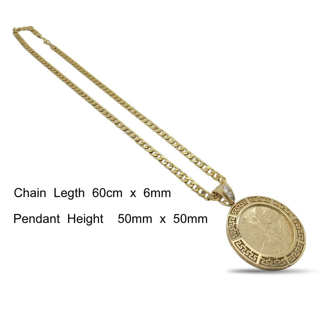 14K Gold Filled Mexican 50 Pesos Centenario Coin Pendant Necklace – 60cm 6mm Curb Chain Greek Key Medallion for Men & Women