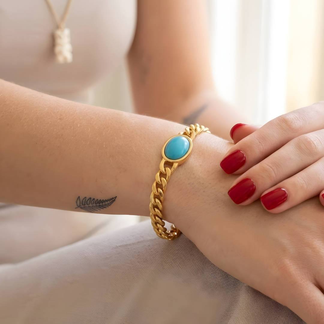 18K Gold Filled Curb Cuban Link Turquois  Bracelet