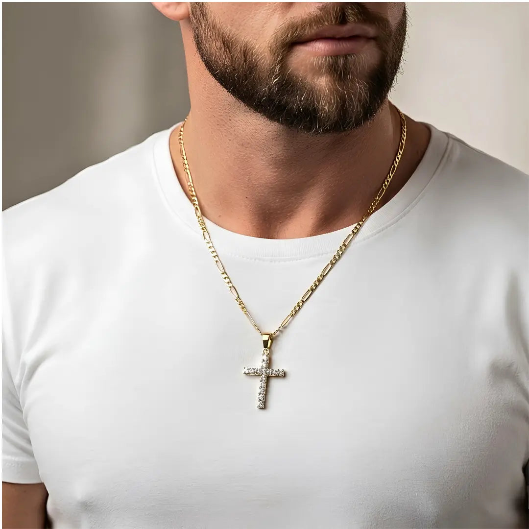 14K Gold Filled Pavé Cross Pendant Necklace – 18mm x 12mm Sparkling Cross with 60cm x 2mm Figaro Chain for Men & Women