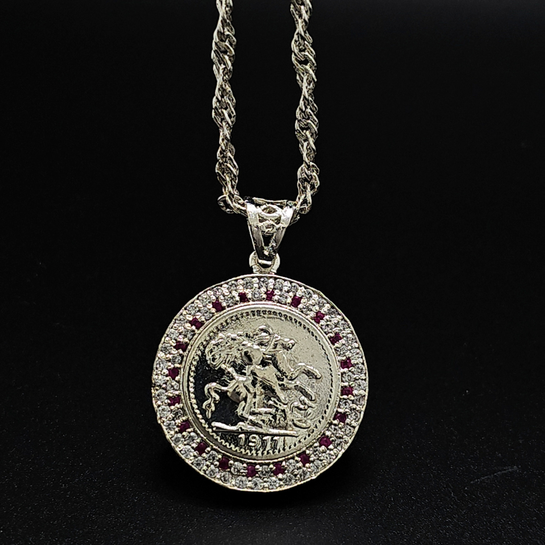 Silver Rhodium Plated Tarnish Free Sovereign Pendant Necklace with Ruby & CZ