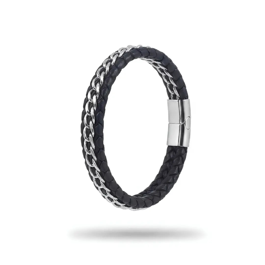 Braided Leather & Metal Chain Bracelet – 21cm 18mm Multi-Strand Stainless Steel Cuff with Magnetic Clasp for Men