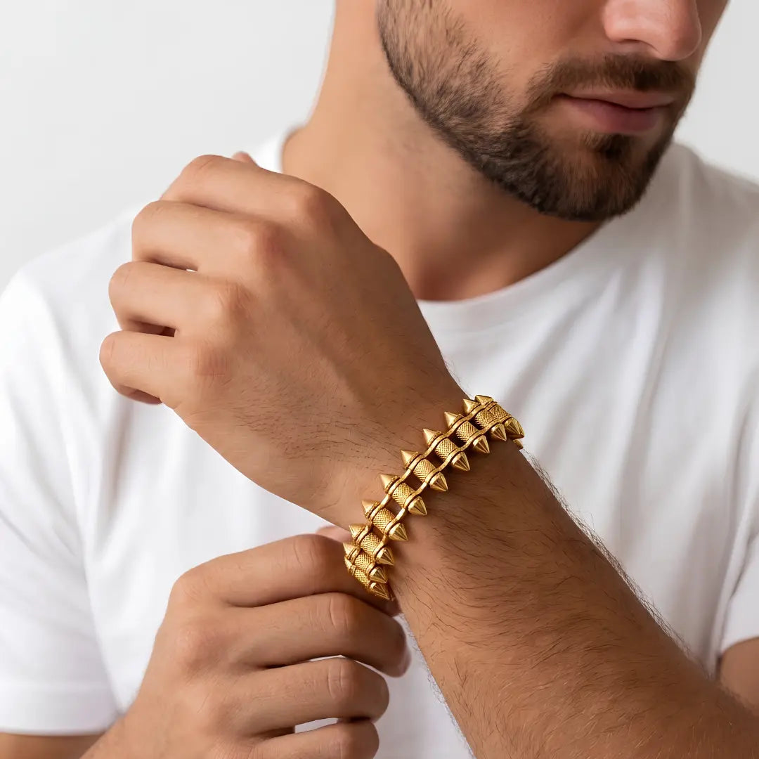 Geometric Spike Mesh Bracelet – 21cm 18mm Dual-Spike Link Punk Statement Cuff in Gold, Black & Silver for Men