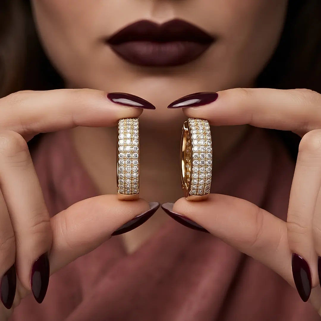 18K Gold Filled Diamond Huggie Hoop Earrings – 15mm x 15mm Pavé Crystal Click-Lock Earrings for Women