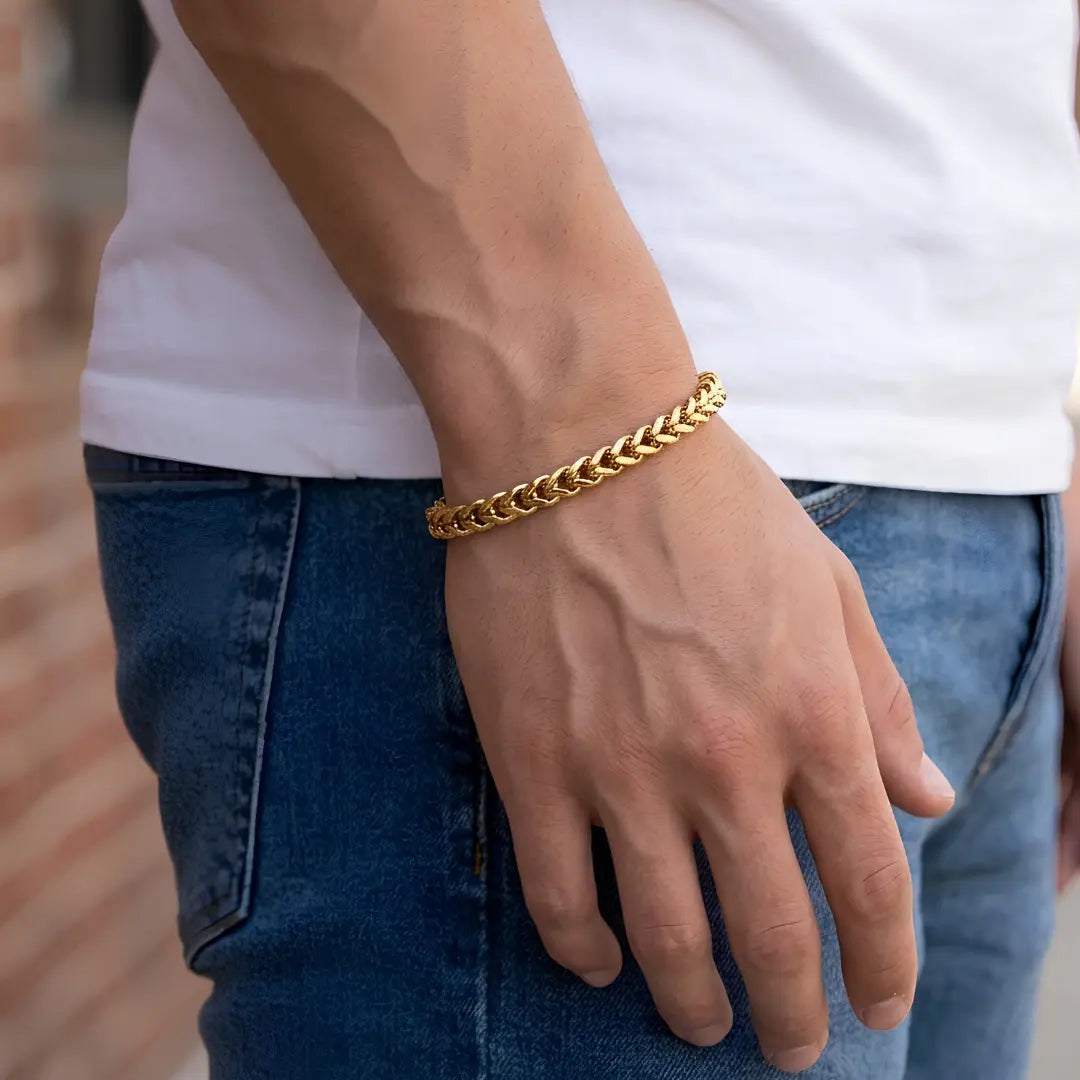 12mm Franco Chain Bracelet (20cm) – Tarnish-Proof Stainless Steel Bold Statement Wristband in Gold & Black