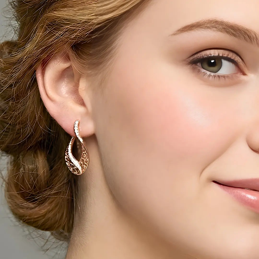 18K Gold Filled Egyptian Pattern Huggie Earrings with Cubic Zirconia – 12mm Wavy Textured Heritage Hoop Earrings for Women