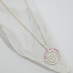 Load image into Gallery viewer, Silver Rhodium Plated Sovereign Pendant Necklace with Ruby &amp; CZ
