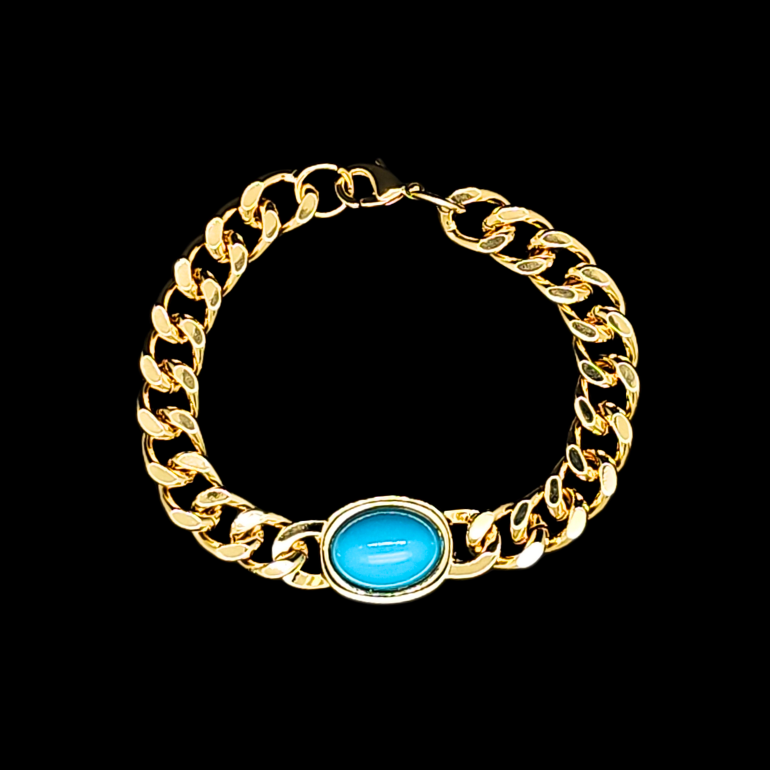 18K Gold Filled Curb Cuban Link Bracelet with Blue Stone