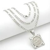 Silver Rhodium Plated Square Sovereign Pendant Necklace – 20mm x 20mm 1911 Medallion with Pavé CZ Frame & 60cm x 6mm Figaro Chain for Men