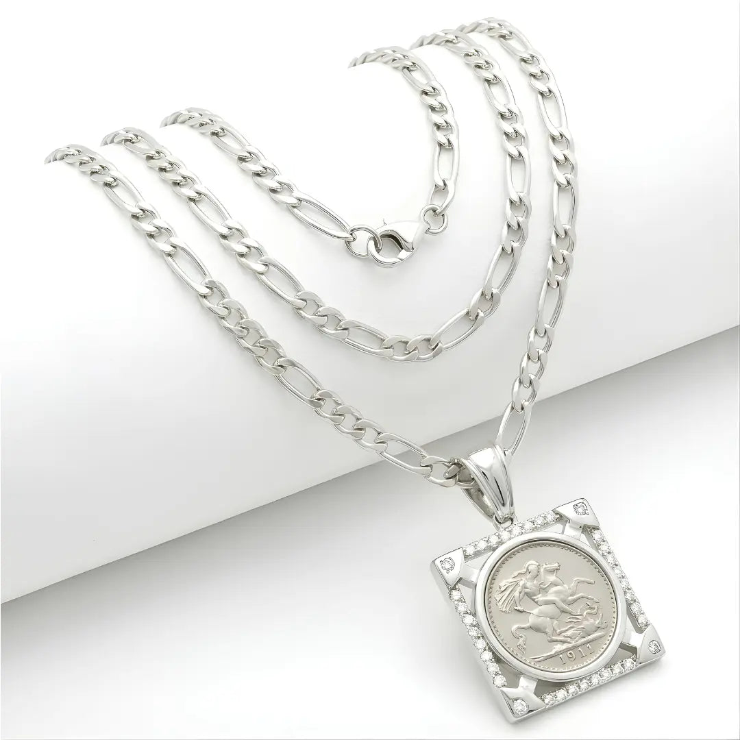 Silver Rhodium Plated Square Sovereign Pendant Necklace – 20mm x 20mm 1911 Medallion with Pavé CZ Frame & 60cm x 6mm Figaro Chain for Men