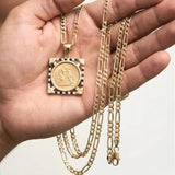 18K Gold Filled Square Sovereign Pendant Necklace with Black & White Diamonds – 20mm x 20mm Medallion with Pavé Dual-Tone Halo & 60cm x 6mm Figaro Chain for Men