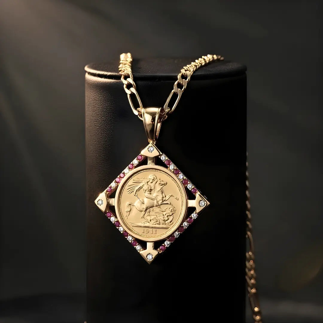 18K Gold Filled Square Sovereign Pendant Necklace with Ruby & Cubic Zirconia Accents – 60cm Figaro Chain Heritage Medallion Necklace for Men