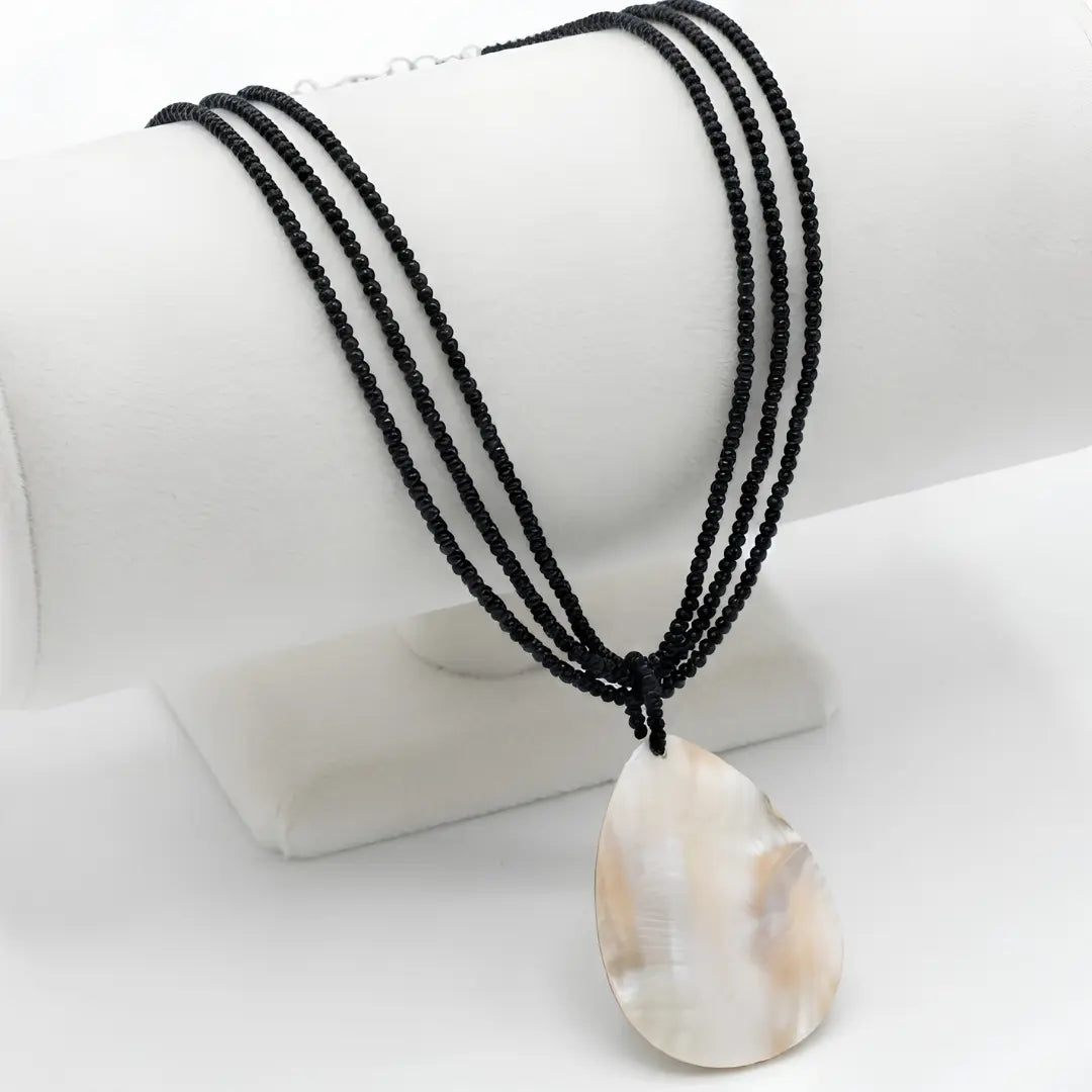 Women’s Black Beaded 3-Layer Necklace with Oval Mother of Pearl Pendant