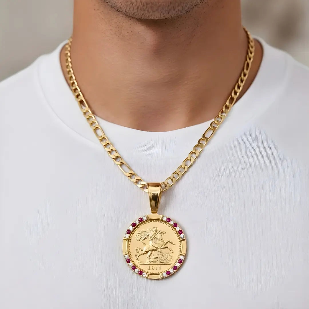 18K Gold Filled 1911 Full Sovereign Pendant Necklace with Ruby & Cubic Zirconia Halo – 24mm Medallion with 60cm Figaro Chain for Men
