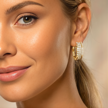 18K Gold Filled Reversible Triple-Row Pavé CZ Huggie Earrings – 18mm 2-in-1 Oval Hoop Earrings for Women