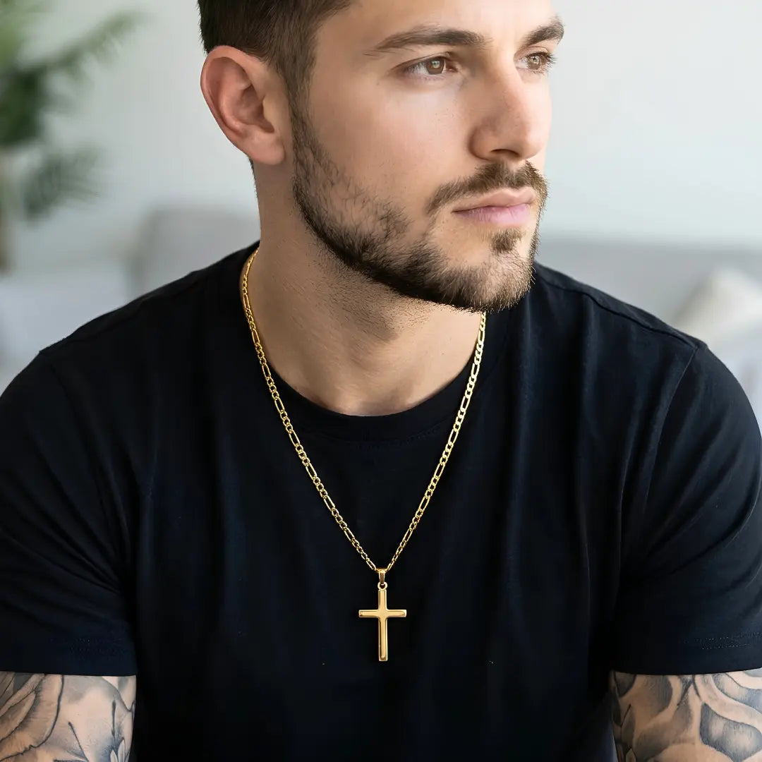 60CM x 4MM 14K Gold Filled Figaro Chain Cross Necklace | Waterproof Tarnish Proof Crucifix Pendant for Men & Women