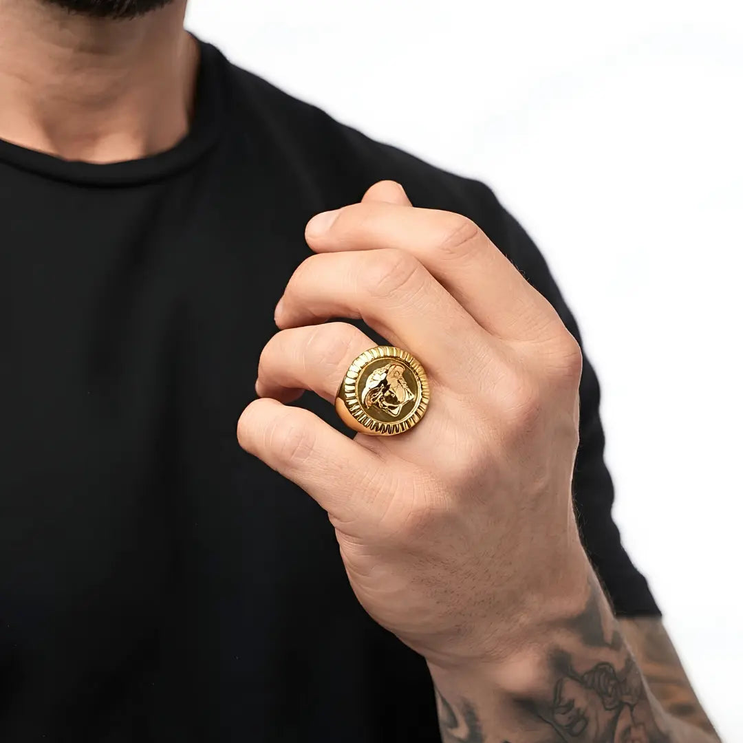 18K Gold Filled Mythic Head Premium Ring – Sculpted High-Relief Figural Statement Signet for Men