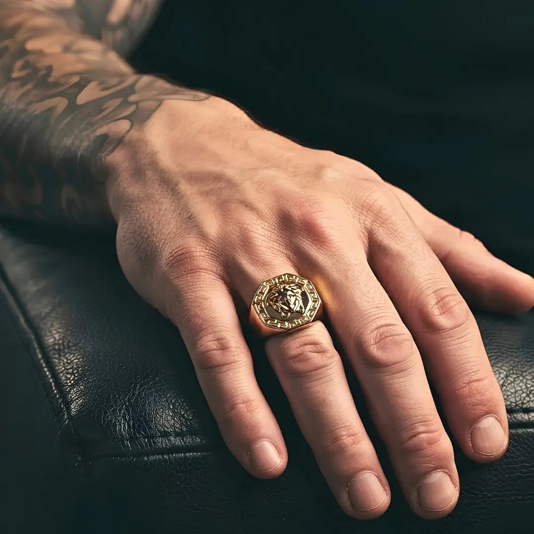 18K Gold Filled Greek Mythology Octagon Signet Ring – High-Relief Mythic Motif with Black Enamel Center & Meander Border