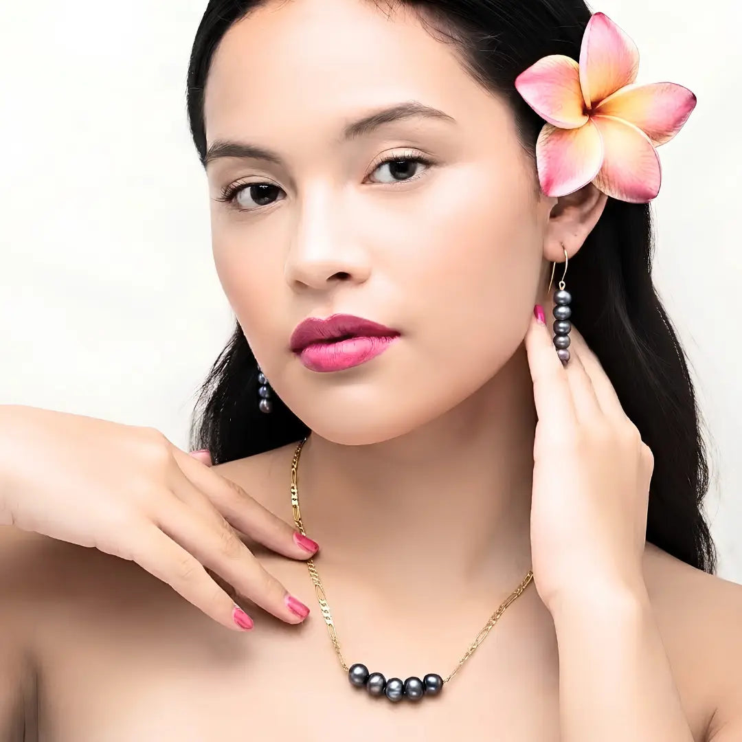 18K Gold Filled Black Baroque Pearl Set – 40mm Statement Organic Pendant Necklace with 60cm Figaro Chain & 40mm Matching Drop Earrings