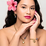 18K Gold Filled Hawaiian Jewelry Set - Heart Charm Toggle Necklace, Bracelet & Pearl Earrings