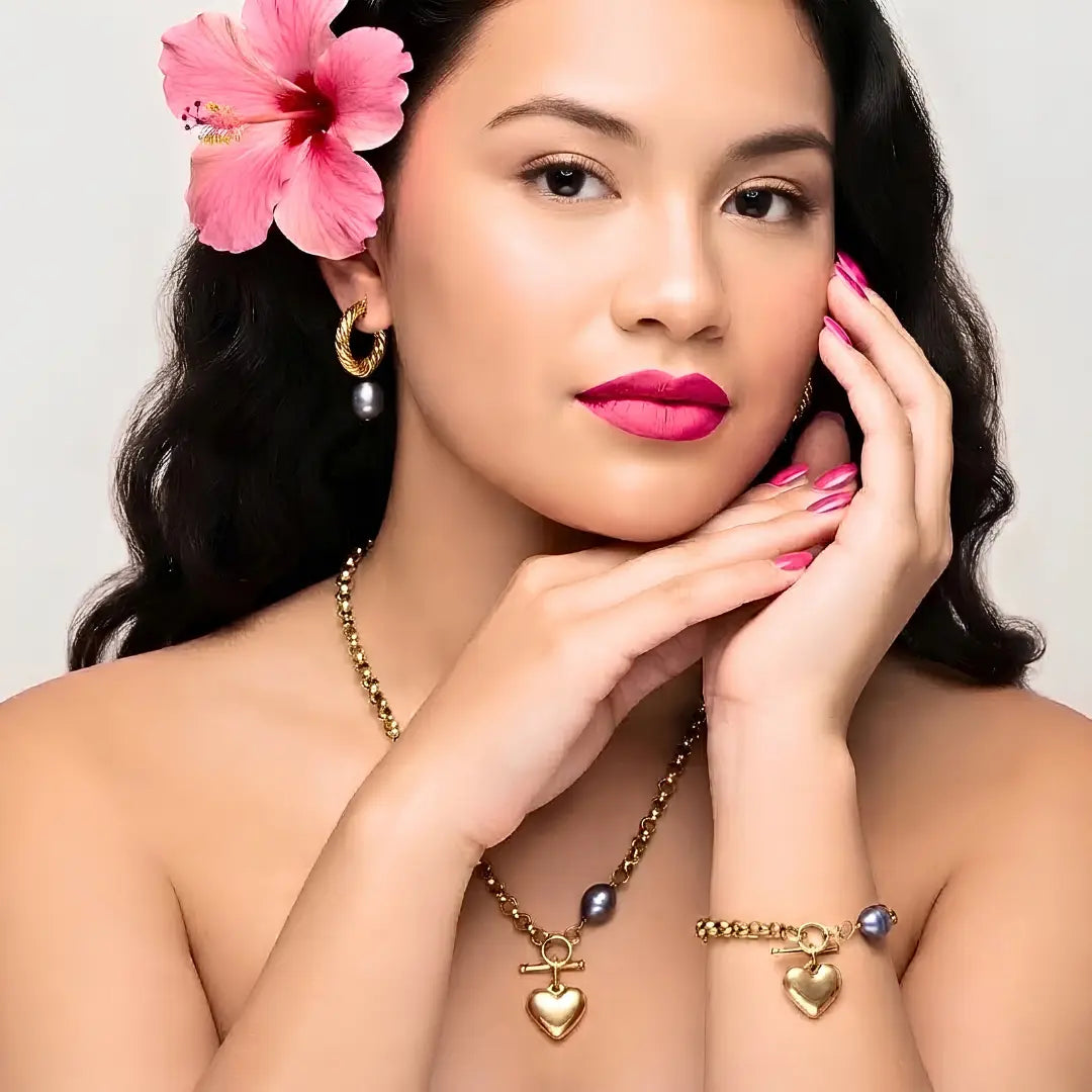 18K Gold Filled Pearl Heart 3-Piece Jewellery Set – 12mm Freshwater Baroque Pearls, Puffy Heart Charms & 6mm Belcher Chain (Necklace, Bracelet & Drop Earrings)