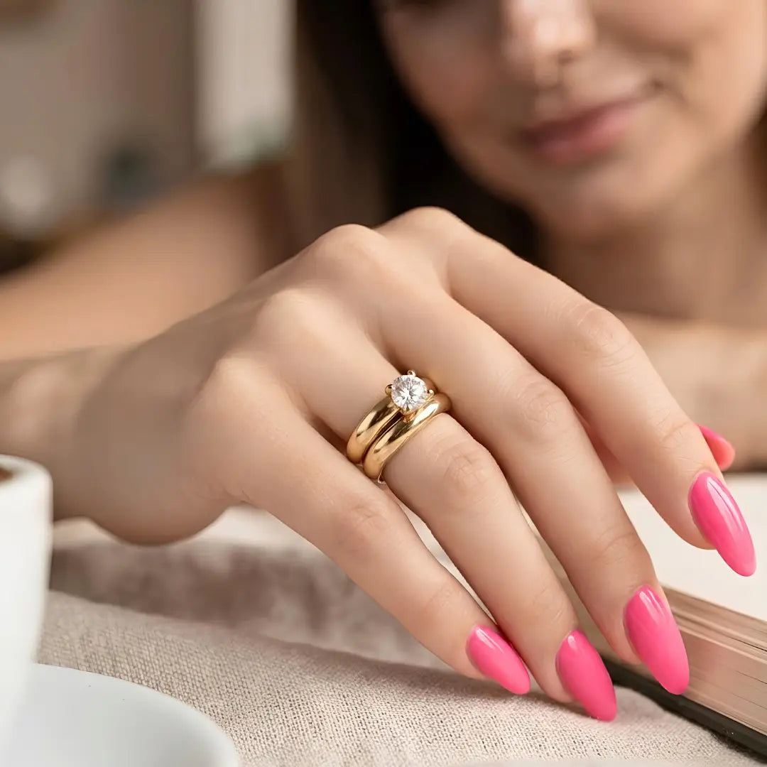 18K Gold Filled Couple Ring Set – Solitaire Statement Ring with Matching Curved Contour Nesting Band (US Sizes 9–13)