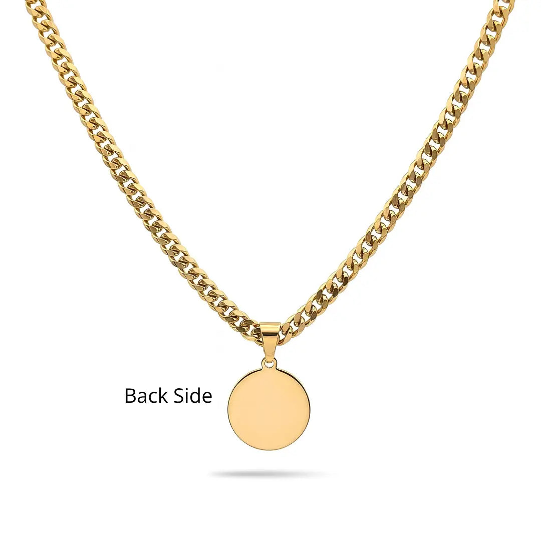 18K Gold Filled Greek Mythology Coin Medallion Pendant Necklace – Classical High-Relief Mythic Motif with Greek Key Border & Heavy 60cm x 8mm Cuban Link Chain for Men