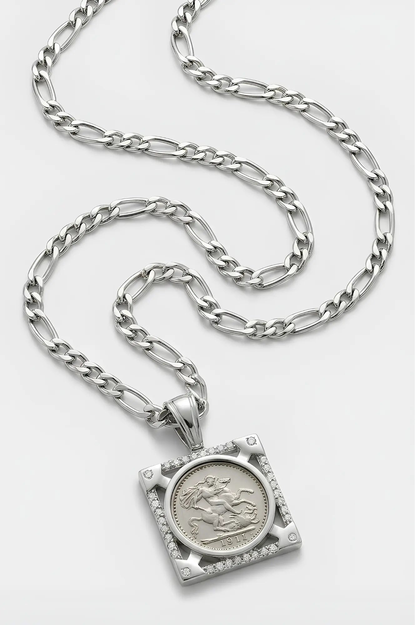 Silver Rhodium Plated Square Sovereign Pendant Necklace