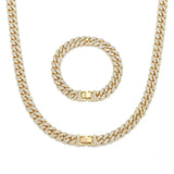18K Gold Filled Iced-Out Cuban Link Chain Necklace & Bracelet Set (12mm) – Pavé Diamond-Style Luxury Jewelry