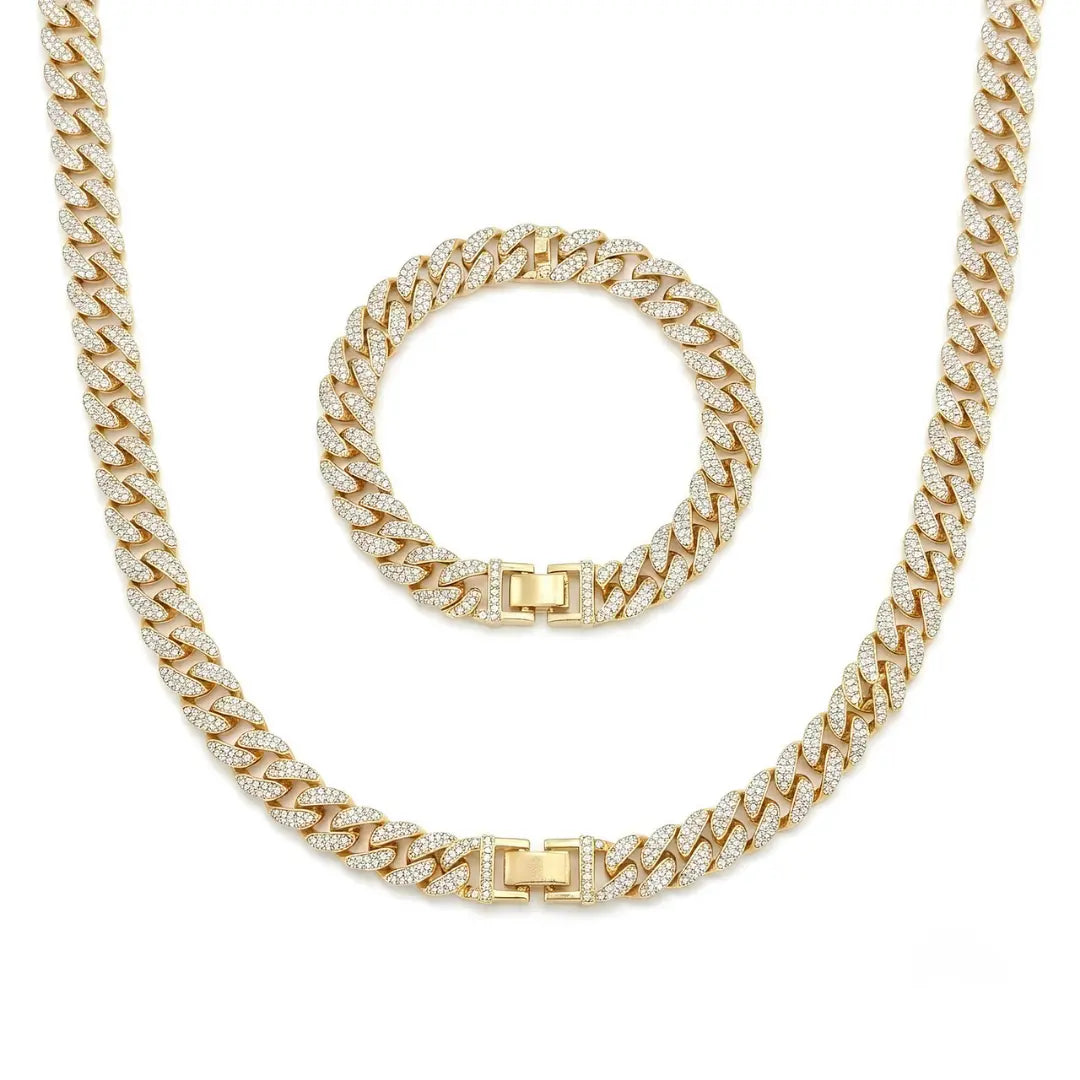 18K Gold Filled Iced-Out Cuban Link Chain Necklace & Bracelet Set (12mm) – Pavé Diamond-Style Luxury Jewelry