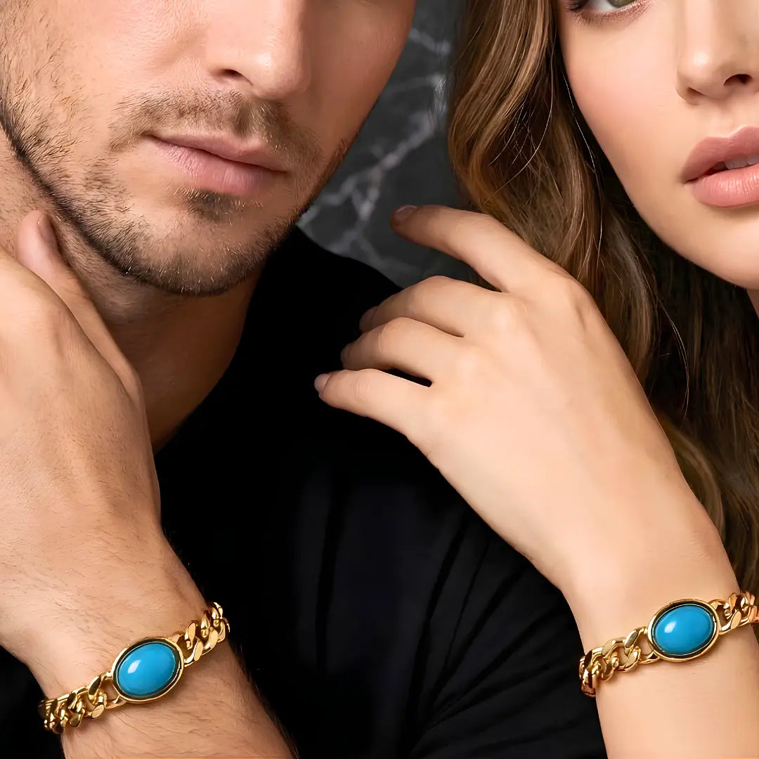 22CM X 12MM 18K Gold Filled Tarnish-Proof Cuban Link Chain Bracelet with Turquoise Oval Stone