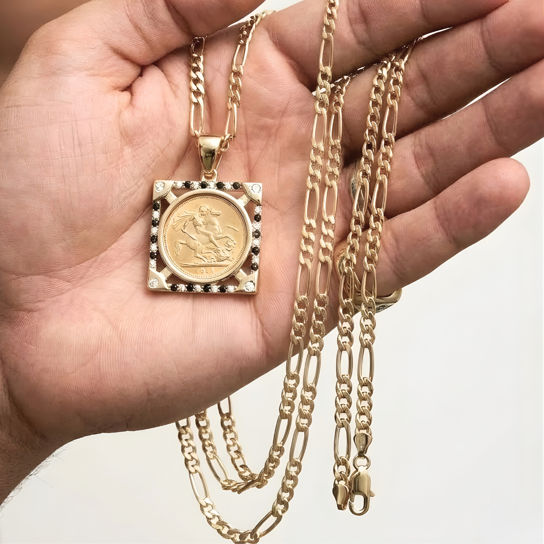 18K Gold Filled Square Sovereign With Black & White Diamonds