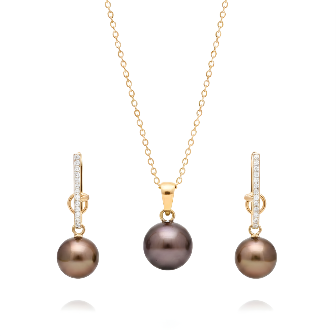 18K Gold Filled Hawaiian Grey & Brown Pearl Set