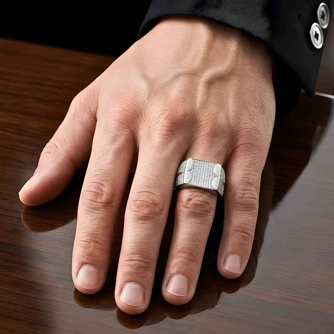 Men's Diamond Pave Signet Ring in Sterling Silver (Tarnish-Proof) - Size 12