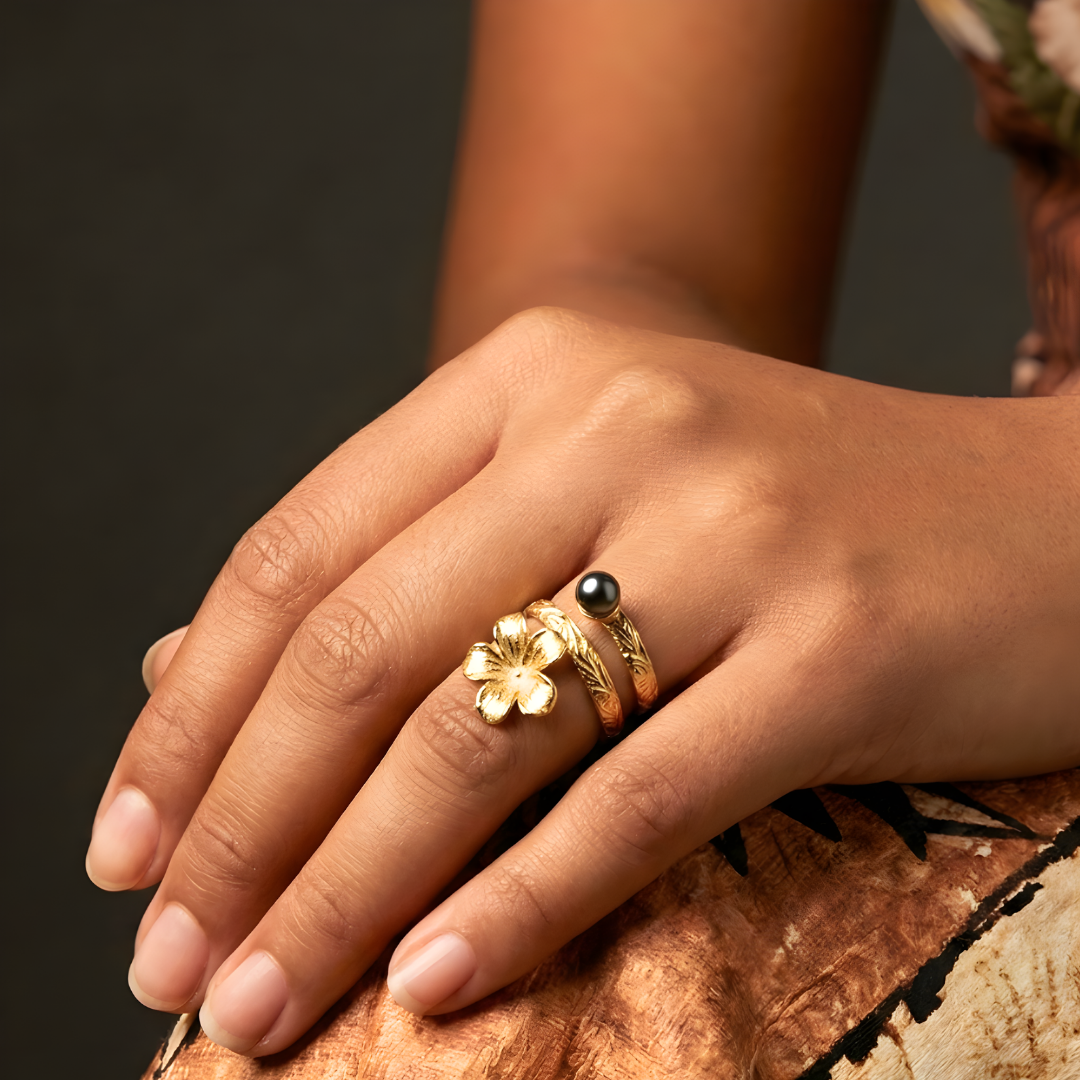 18K Gold Filled Hawaiian Plumeria Ring with Black Pearl