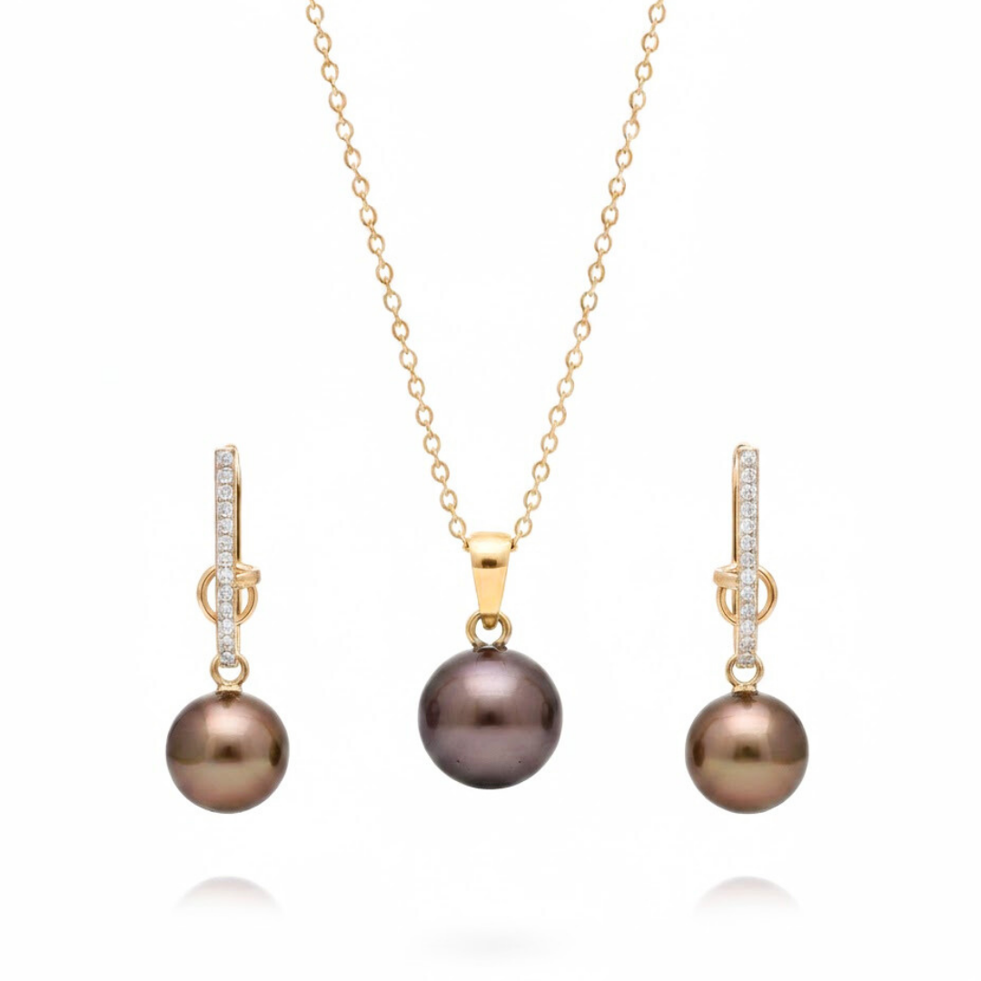 18K Gold Filled Hawaiian Grey Pearl Set