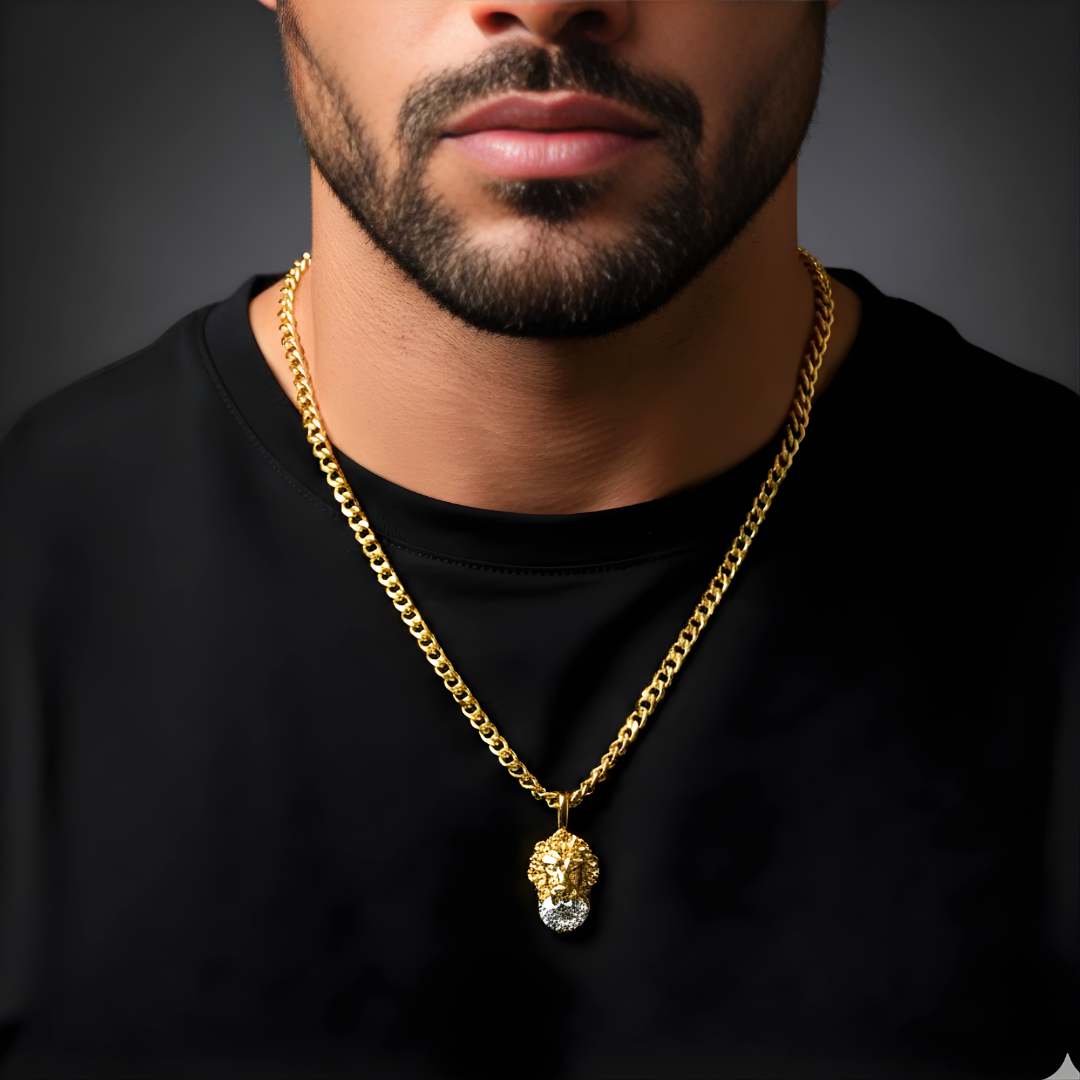 18K Gold Filled Lion Head Pendant Necklace with Solitaire Crystal – Unisex Curb Chain Fine Jewelry